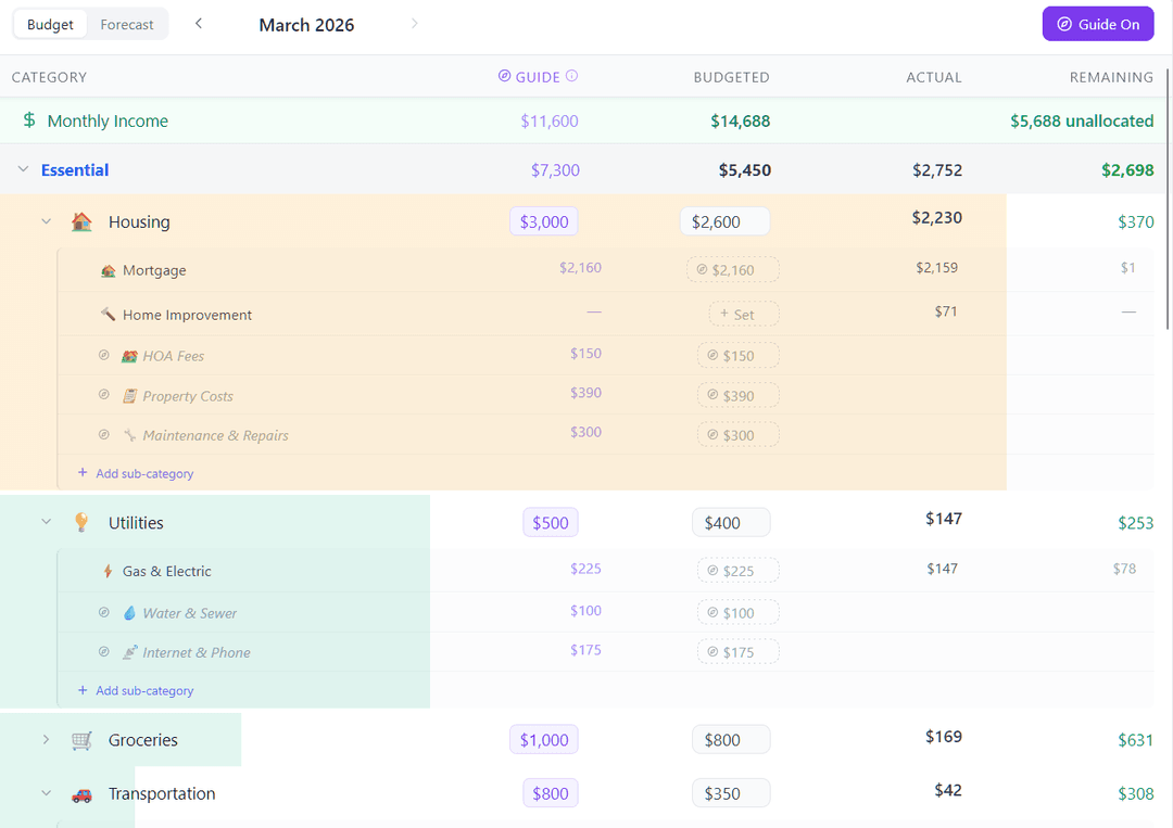 Budget page with GUIDE column showing AI-suggested amounts per category
